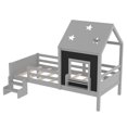 thumbnail image 4 of House Platform Bed with Stairs and Bookcase, Twin Size Solid Wood House Bed with Low-Profile Stairs, Window, Blackboard, and Star Roof, Gray Wooden Bed Frame, No Box Spring Needed, 4 of 8