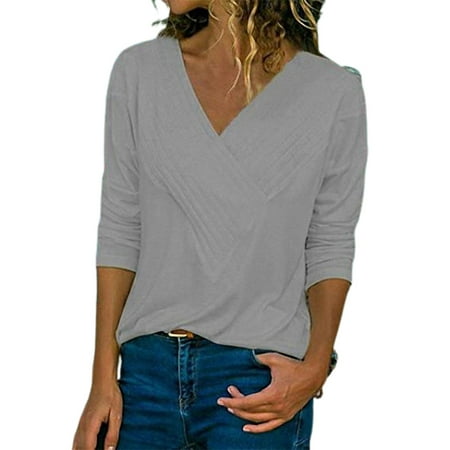 Women's Plus Size T-Shirts Blouses Long Sleeve V-Neck Slim Plain Tee Casual Fit