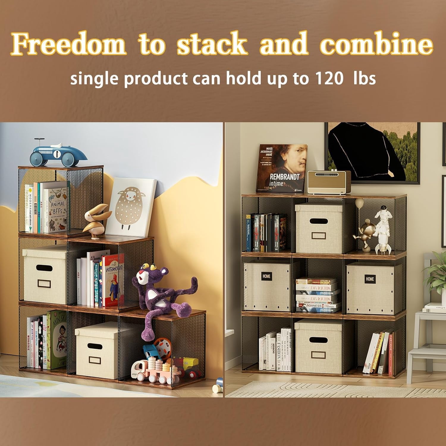 2 Cube Organizer Bookshelves DIY Variable Stackable Cube Storage Organizer for Kid Bedroom,Living Room,Small Bookshelf Black Brown Wooden,No Vinyl Storage