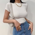 thumbnail image 4 of Top corto de manga corta para mujer, camiseta lisa ajustada con cuello redondo, Camiseta básica acanalada ajustada, camiseta informal atlética para entrenamiento y Yoga, Verano, 4 of 5