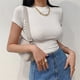 thumbnail image 4 of Top corto de manga corta para mujer, camiseta lisa ajustada con cuello redondo, Camiseta básica acanalada ajustada, camiseta informal atlética para entrenamiento y Yoga, Verano, 4 of 5