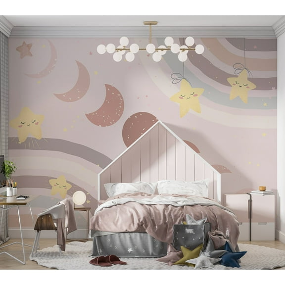 Kids Wallpaper Wall Mural - Moon Among Stars and Rainbows