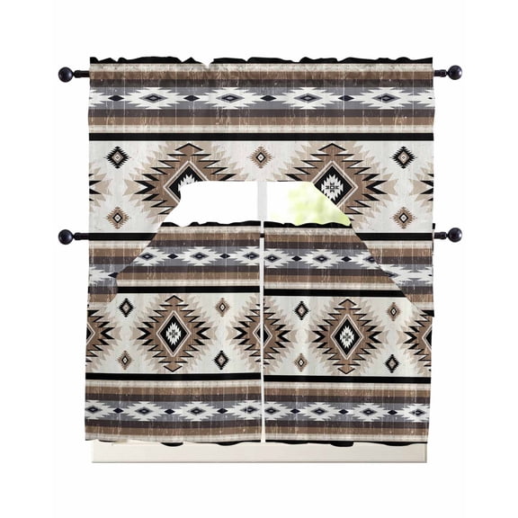 Brown Southwest Kitchen Curtains Sets 36 Inch Length with Valance, Boho Blue Aztec Rustic Ethnic Farmhouse Swag Valances and Tiers Curtain Set Drapes Swag Curtains for Living Room, Bathroom, Bedroom
