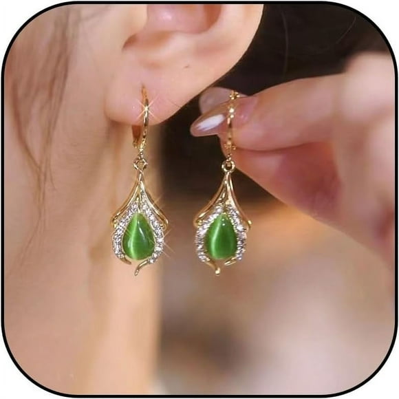 shiyou-Green Earrings for Women Dangling Gold Hoops Earrings Gemstone Teardrop Earring Jade Huggie Hoop Earings Dainty Gold Earring Stack