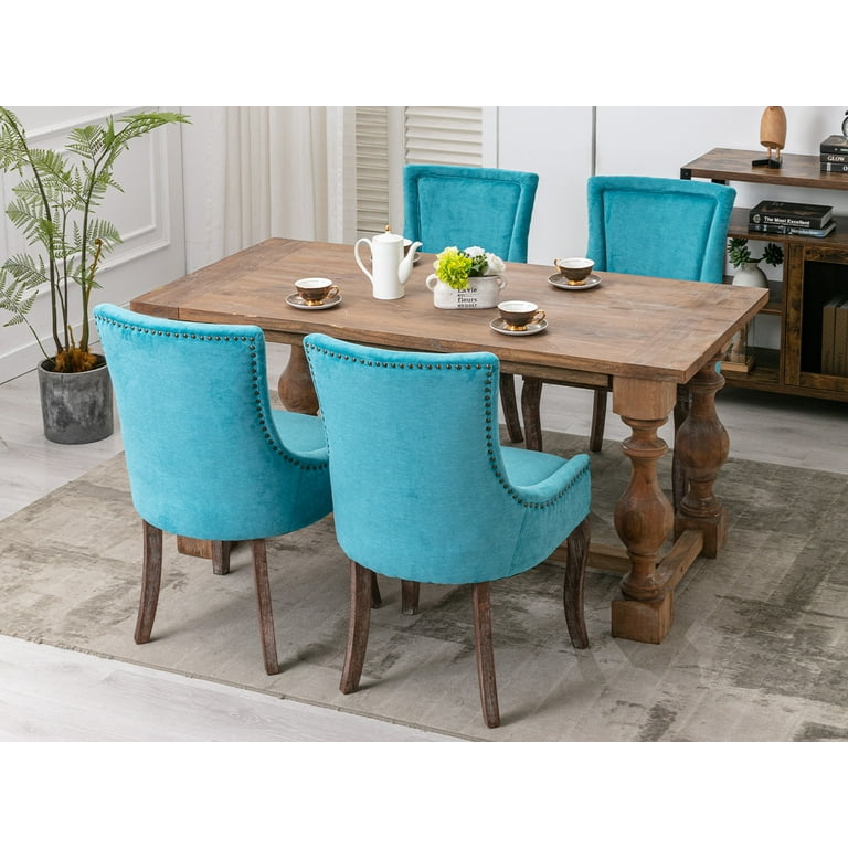 Blue Farmhouse Rubberwood Dining Chairs Set of 6 Thick Upholstered Kitchen Dining Room Set