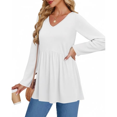 UVN Fall Blouses for Women Long Sleeve V Neck Peplum Tunic Tops Casual Babydoll Flowy T Shirts