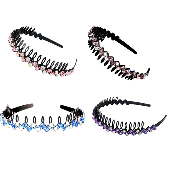 4 Pack Wave Rhinestone Teeth Comb Headbands for Women, Flower Crystal Hairband Hair Hoop with Teeth Non-Slip Hard Plastic