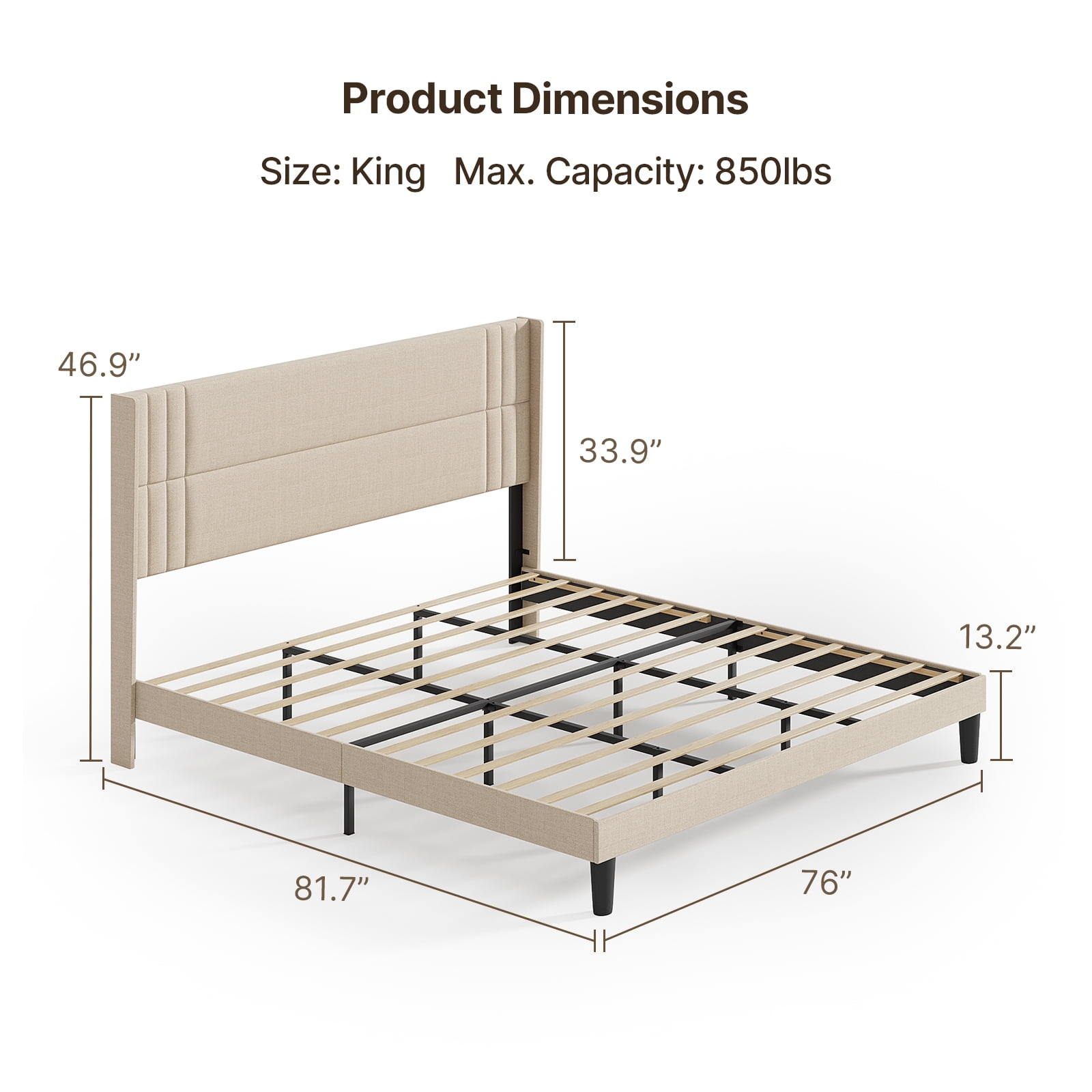 King Platform Bed Frame with Wingback Headboard, Wood Slat Support, Noise-Free, No Box Spring Needed, 850 lbs, Beige