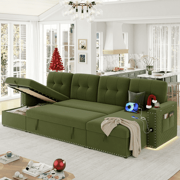 Homfa Modern Sleeper Sofa with Pull-Out Bed, U-Shaped 6-Seat Sofa with Storage Chaise Couch & USB Charging Port for Living Room, Velvet Fabric, Green