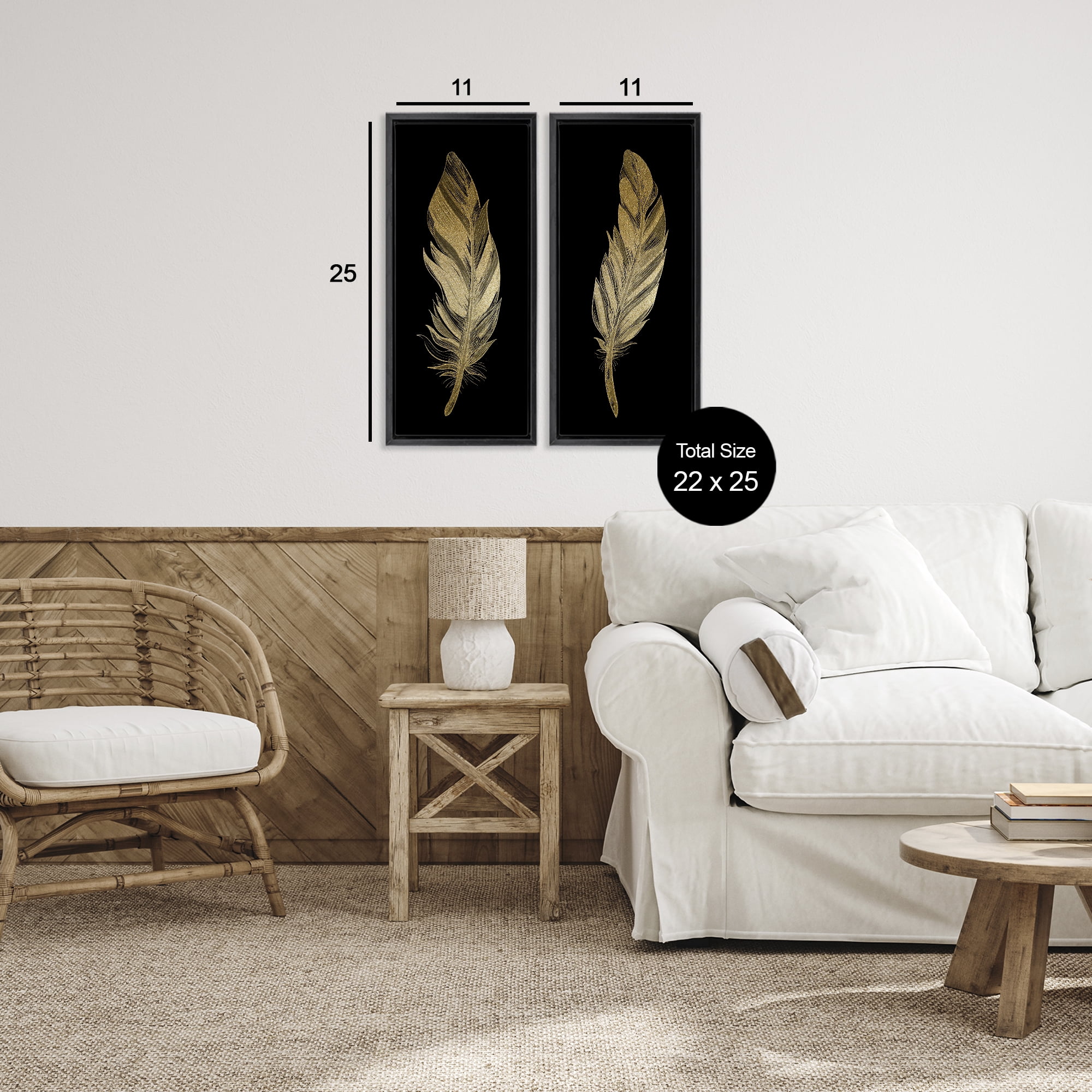 Glam Detailed Feather 2 Piece Black Framed Floater Canvas Set, design by Kim Allen