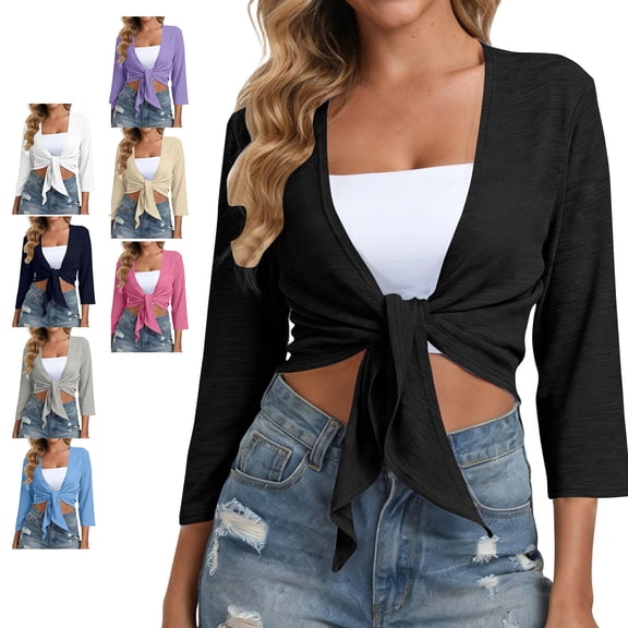 TGSLY Women's Tie Front Shrug Bolero Cardigan 3/4 Sleeve Casual Short Shawl Tops Lightweight Soft Bolero Shrugs for Dresses Solid Color Shirts Beige S