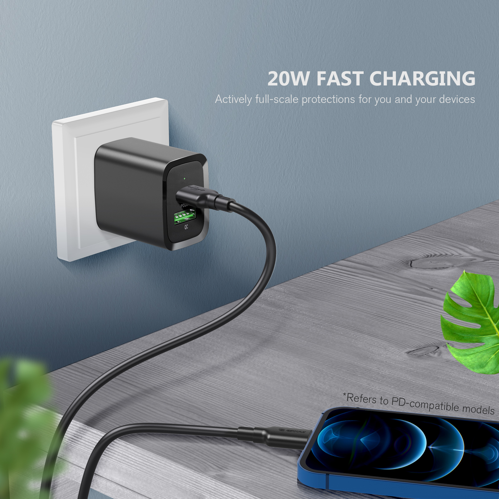 20W USB-C PD 3.0 Power Delivery + 18W Quick Charge 3.0 Fast Wall Charger + USB-C Cable - Black
