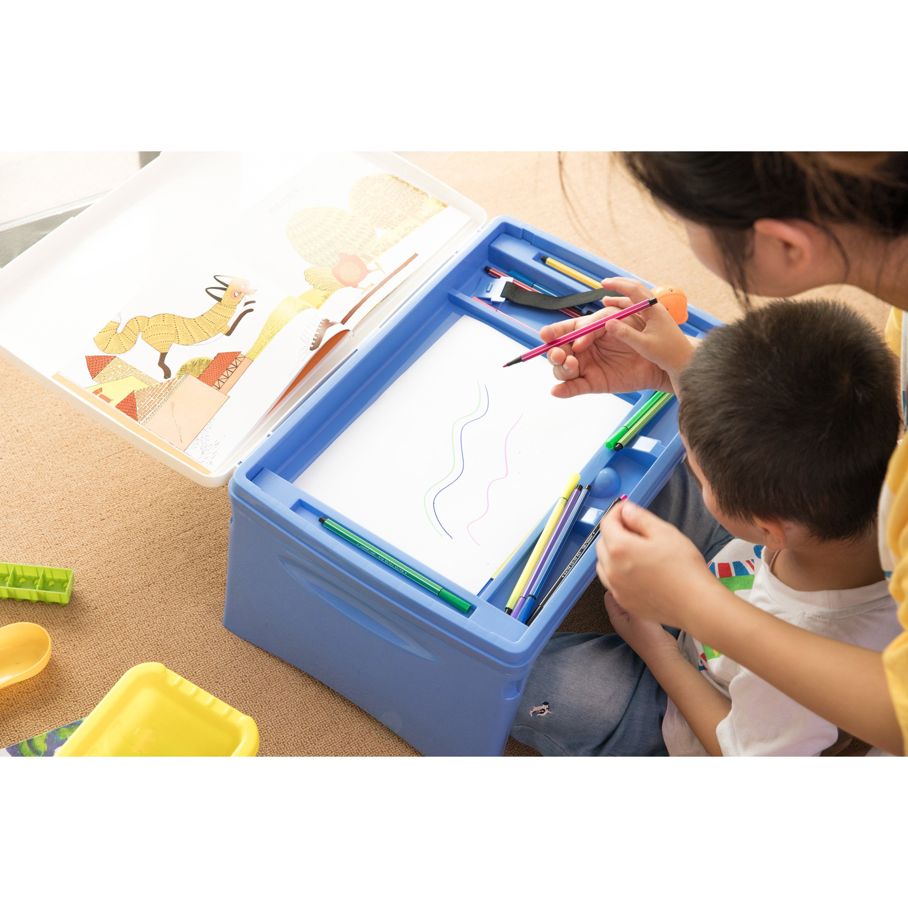 Kids Portable Fold-able Plastic Lap Tray, Blue and White