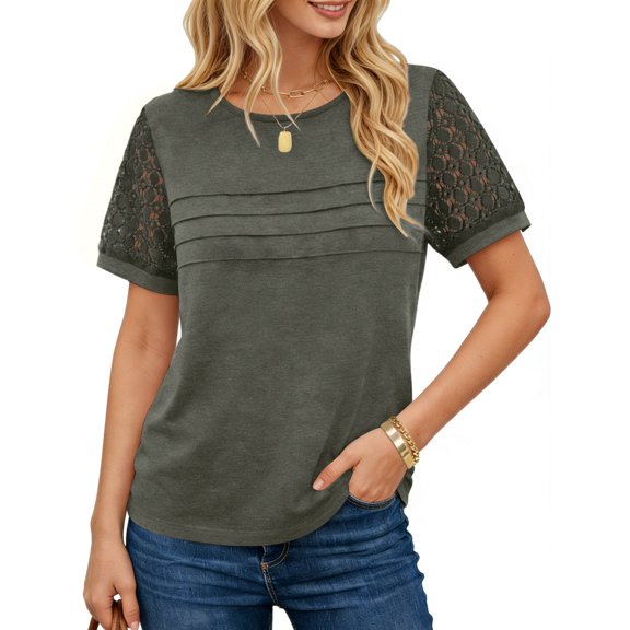 UVN Blouses for Women Lace Short Sleeve Shirts Summer Casual Dressy Crewneck Pleated Tunic Tops
