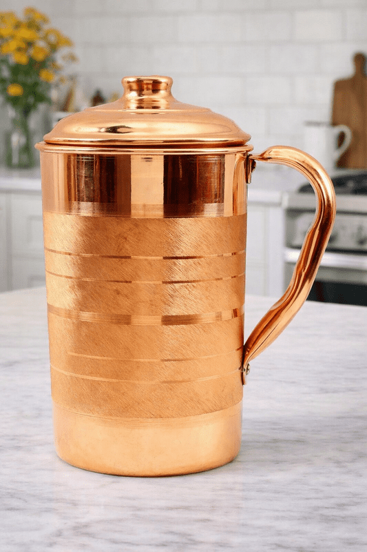 Pure Copper Silver Touch Jug for Drinking Water, Copper Pitcher, High Quality Copper Water Jug Handmade India Ayurveda Yoga Healthy (1.5 Ltr)