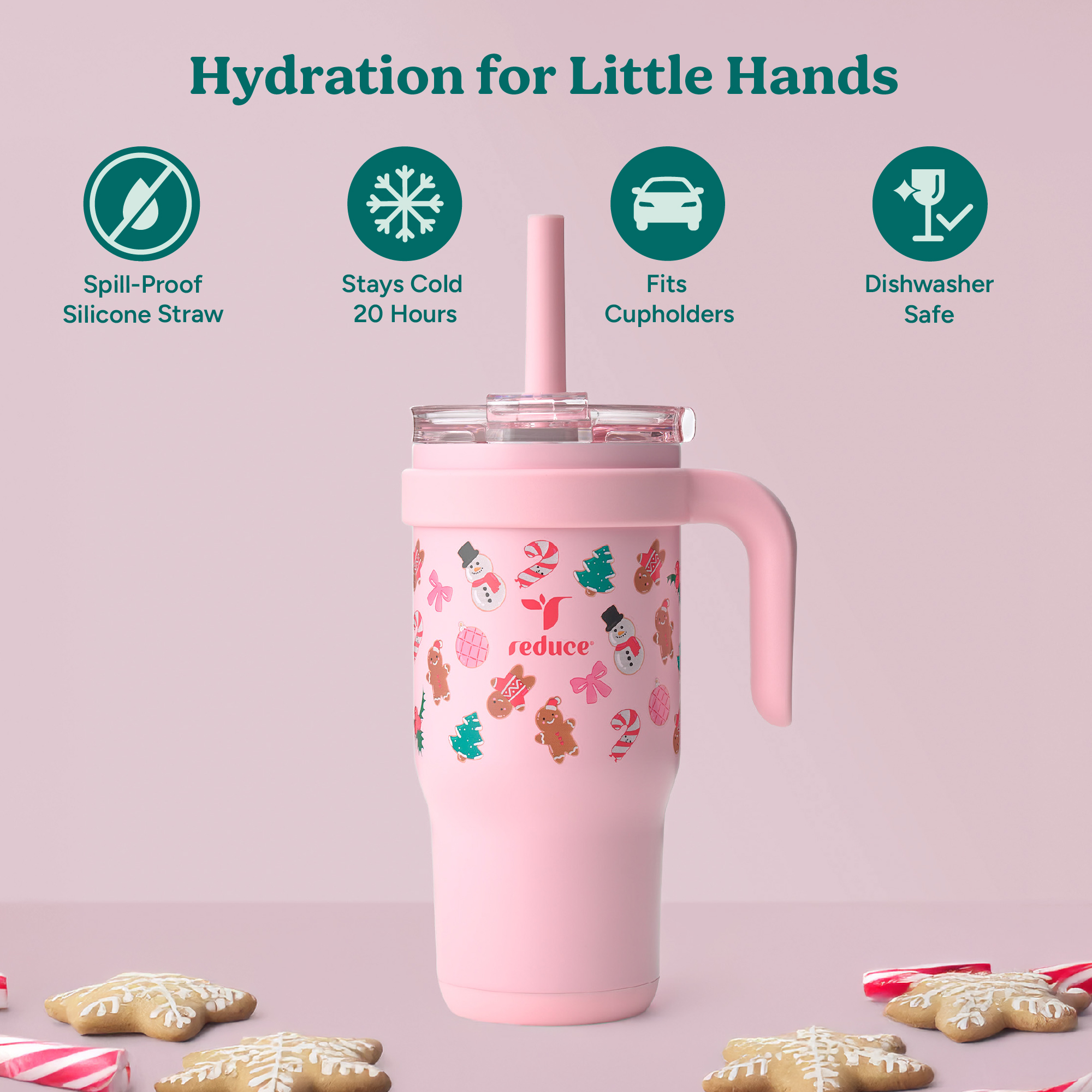 Reduce Coldee Kids Tumbler with Spill-Proof Straw & Handle. Insulated Stainless Steel 18 oz, Sweet Treats