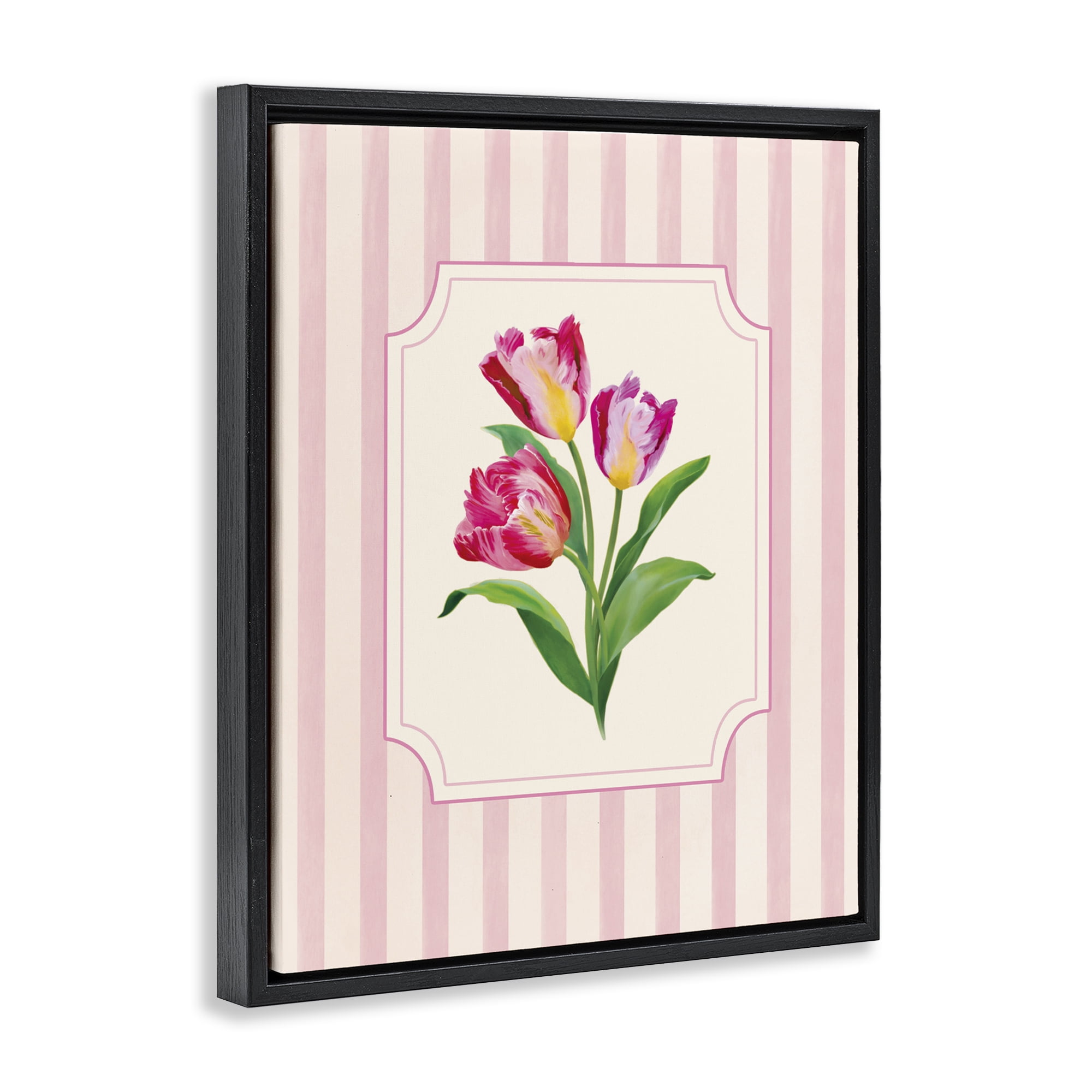 Stupell Industries Magenta Tulips over Stripes Black Framed Floater Canvas Wall Art, design by Diane Neukirch