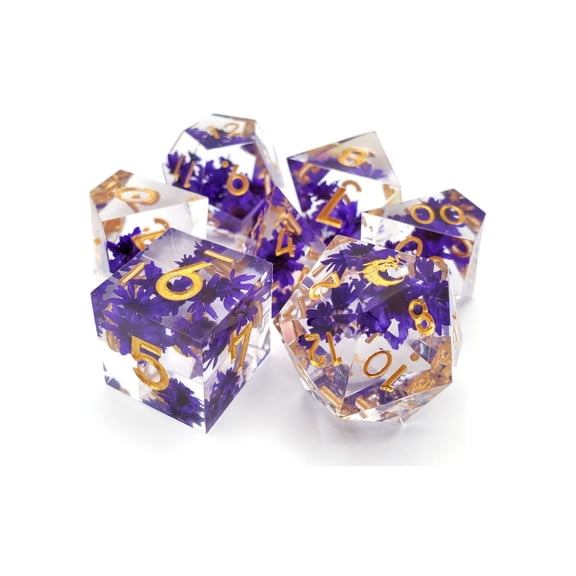 Old School Dice & Accessories Poly Set Purple Flower w/Gold (7) New