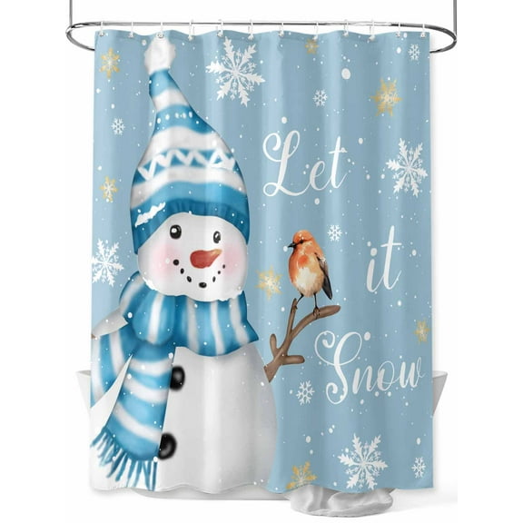 Blue Snowman Christmas Shower Curtain Set, Waterproof Shower Curtains for Bathroom, Xmas Snowflake Birds Washable Fabric Cloth Bath Curtain for Bathtub Decoration with Hooks 48x72 Inches