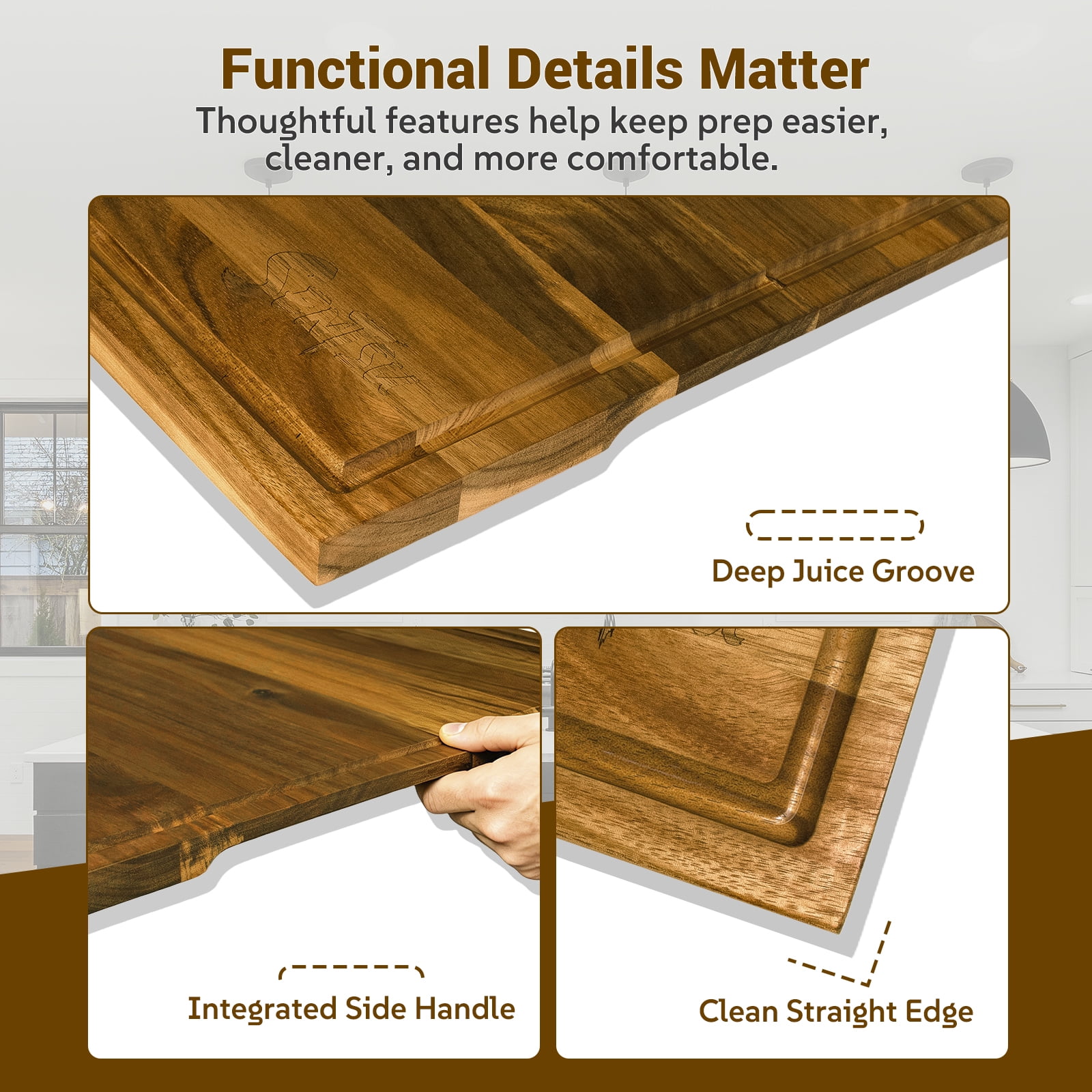 Sentsu 36x24 Extra Large Acacia Wood Cutting Boards with Juice Groove and Handles, 5XL Stove Top Cover Thick Heavy Duty Pre-Oiled