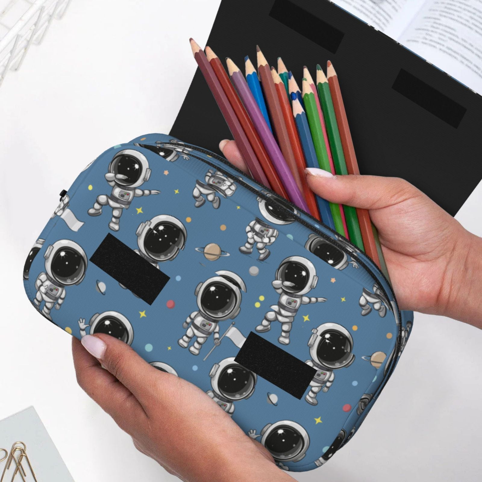Rateoe Astronaut Pattern Double Clamshell Pen Case, Storage Organizer with Two Zipper Compartments– Holds Up to 50 Pencils & Pens