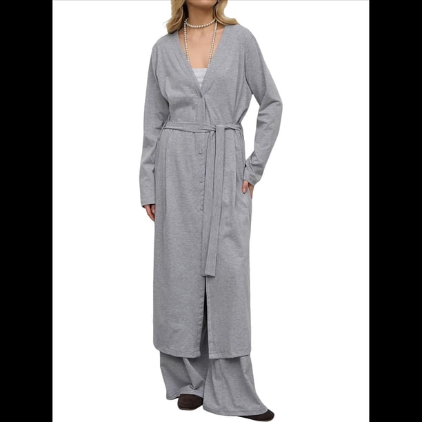 Cárdigan de Punto Extra , Básico, de Color Liso, Abierto Al Frente, Holgado, con Cordones, para Mujer. Cárdigan Gris L