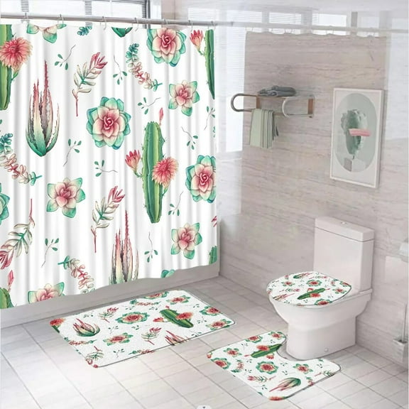 Cute Green Cactus Shower Curtain Set with Rug Toilet Lid Cover Bath Mat Summer Kids Hipster Houseplant Fabric Bathroom Curtains
