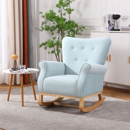 Velvet Rocking Chair  Modern Upholstered Accent Chair with Wood Legs  High Back Rocking Chair Nursery Chair  Comfortable Rocker Fabric Padded Seat Chair for Living Room Bedroom Home Office  Light Blue