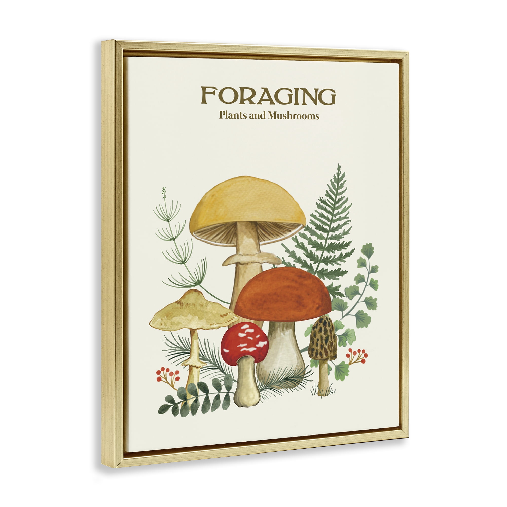 Stupell Industries Vintage Foraging Mushrooms Botanical & Floral Painting Gold Floater Framed Art Print Wall Art, 17 x 21