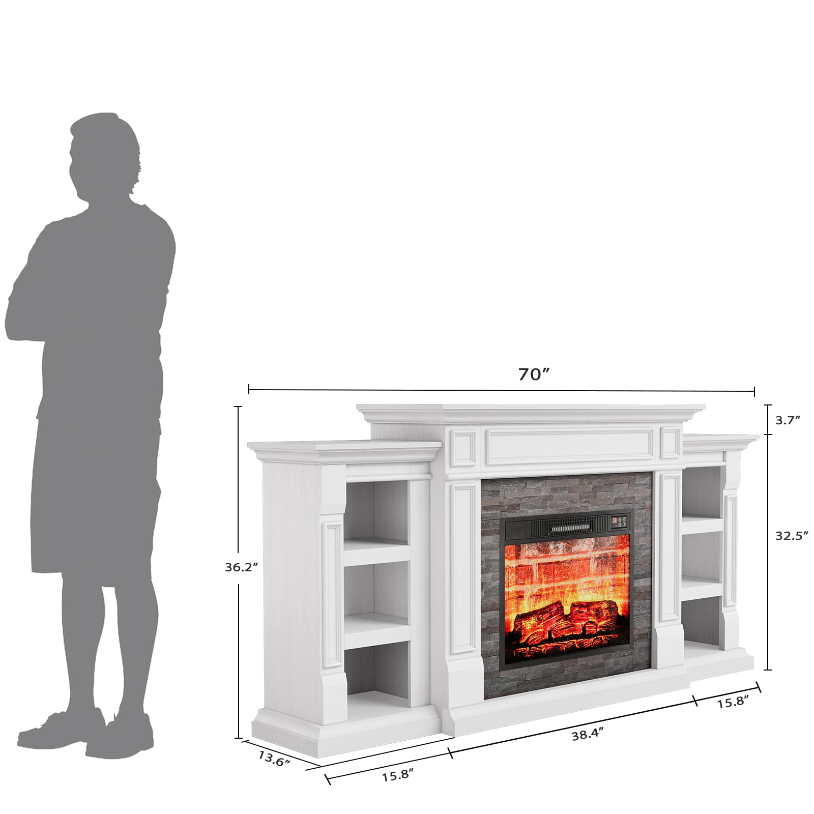 LGHM 70" Electric Fireplace TV Stand with Mantel, Farmhouse Entertainment Center for TVs up to 80", White
