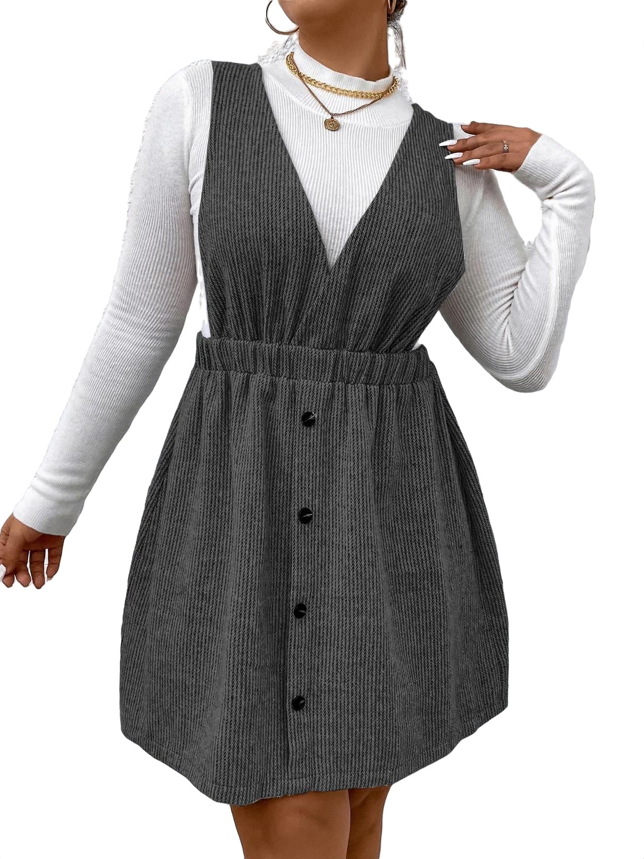 Dark Grey Elegant Plain Deep V Neck Pinafore Sleeveless Plus Size Dresses  (Women's Plus) - Walmart.com