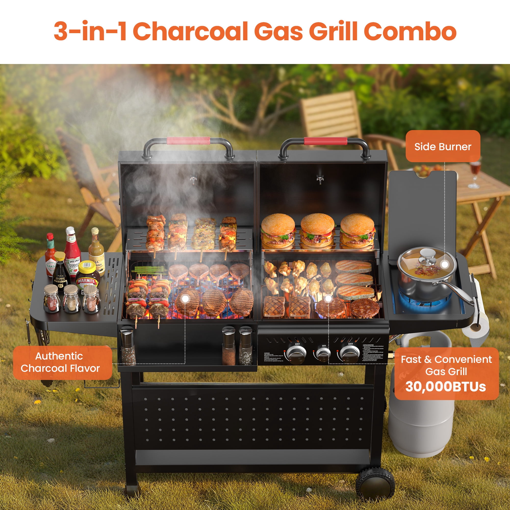 3-Burner Gas & Charcoal Grill Combo with 30,000 BTU, Dual Fuel BBQ Grill, 748 SQ.in Cooking Space, for Backyard BBQ, Outdoor Cooking