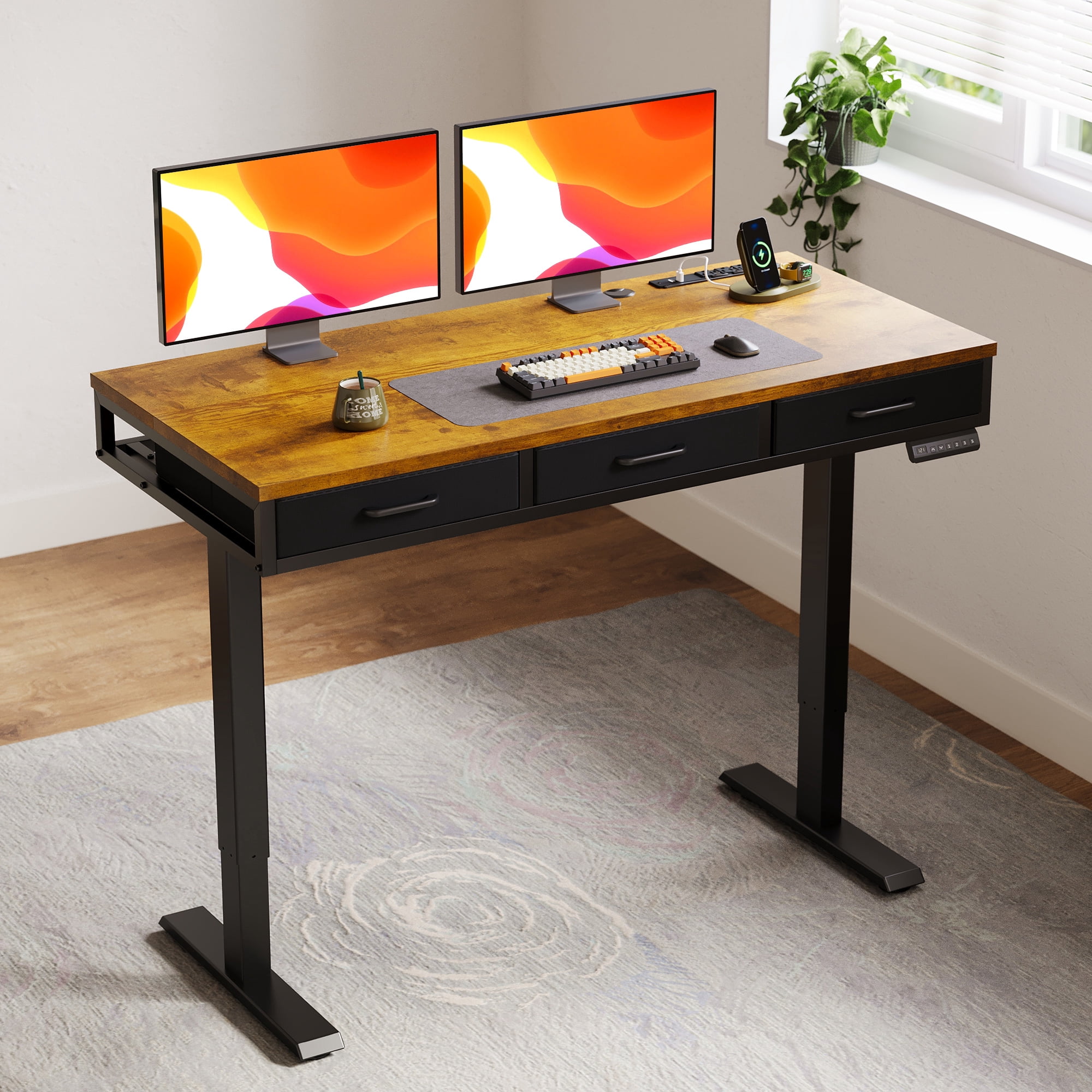 Electric Standing Desk with Drawers, 47 Inch Height Adjustable Desk with Power Outlets & USB, Sit Stand Table for Home, Office, Workstation, Rustic Brown