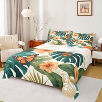 Castle Fairy Tropical Leaves Flowers Full Size Sheets 4-Piece for Teens Female Men,Flying Butterflies Breathable Bed Sheets,Vintage Aesthetic Lightweight Sheet Sets,Luxury Bedroom Decor