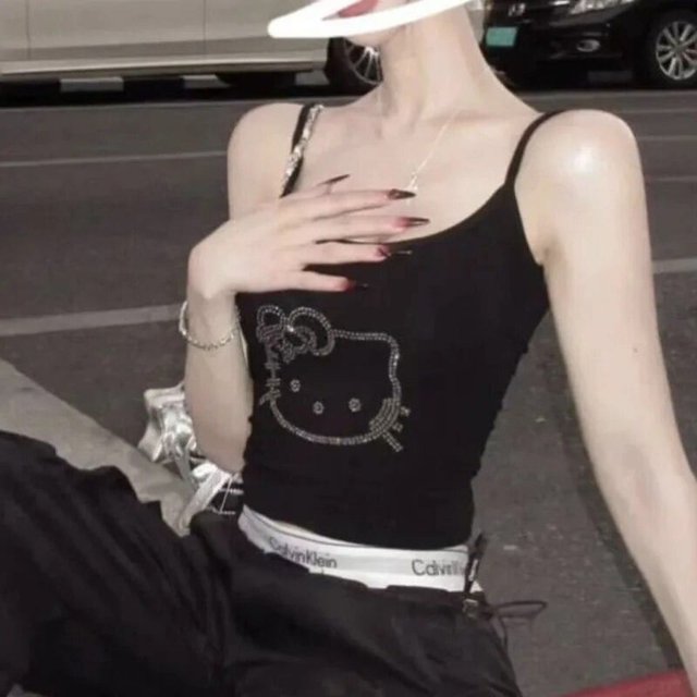 Sanrio Hello Kitty Sling Top with Chest Pads Faux Diamond Cute Cartoon Pattern Slim Camisole Strap Tees Female Summer Tops ZR