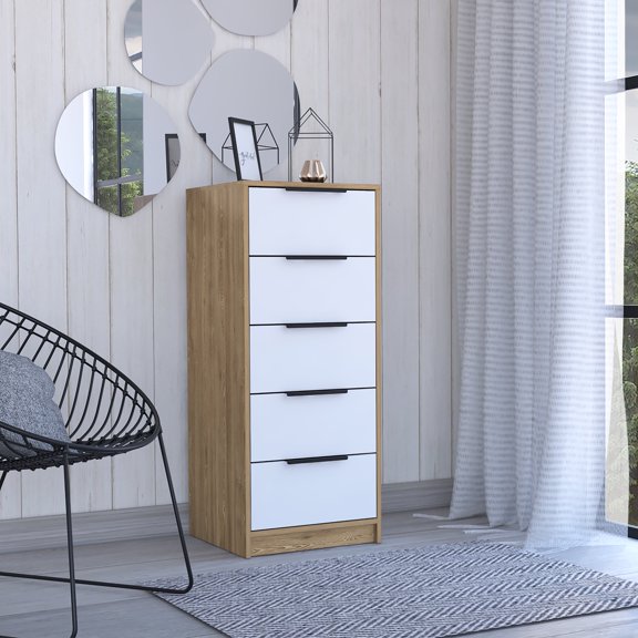 Nmkwnr 5 Drawers Dresser with Metal Handle for Home, Bedroom, Brown White