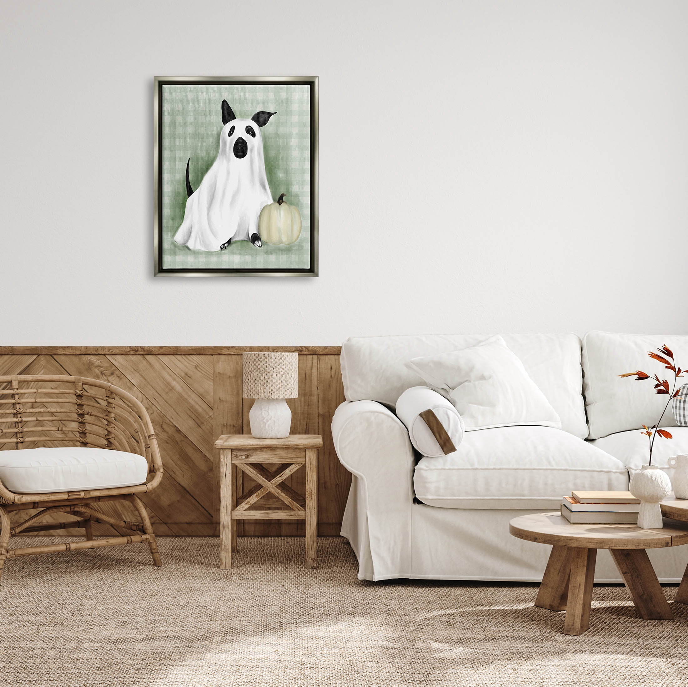 Stupell Industries Dog Ghost Halloween Costume Graphic Art Luster Gray Floating Framed Canvas Print Wall Art, Design by Lil' Rue