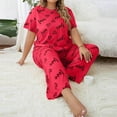 thumbnail image 3 of 2 Piece Plus Size Women's Heart Print Pajama Set Crewneck Short Sleeve Top & Straight Leg Pants Fall Casual Sleep Night Loungewear, 3 of 6