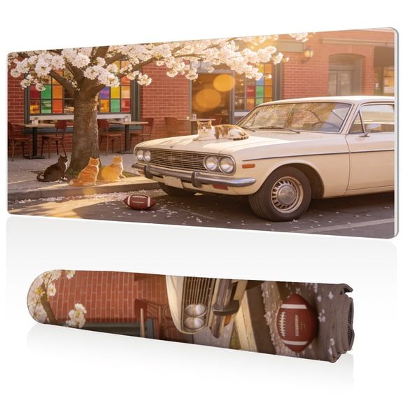 LIVEKEY Extra Large Mouse Pad Vintage Car with Cats Spring Bookshop Street Scene 80x40x0.3cm Full Desk Coverage Non Slip Surface Durable Easy Clean Stitched Edges for Gaming and Office
