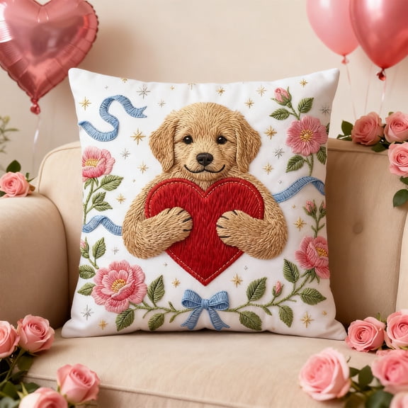 Taicans Valentine's Day Embroidered Pillow Cover 18x18 Inch,Cute Dog Holding Heart Throw Pillow Case,Romantic Gift for Her Him,Decorative Sofa Couch Bedroom Pillow Cover