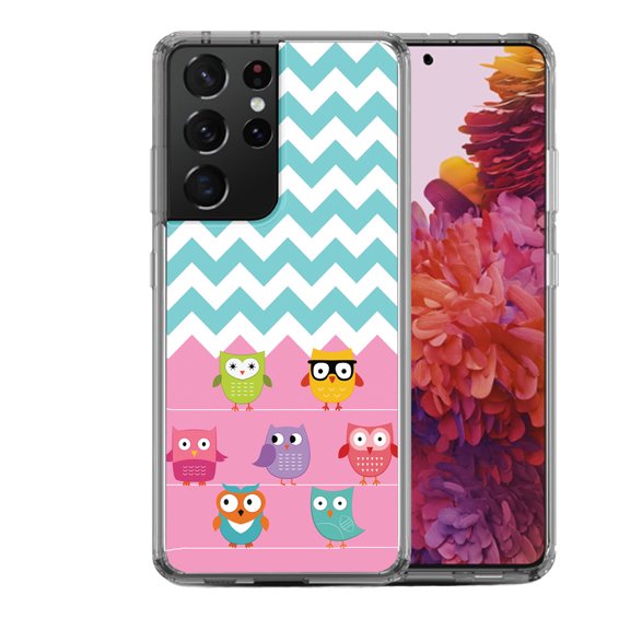 Shockproof Hybrid Bumper Phone Case for Samsung Galaxy S21 Ultra, by OneToughShield ® - Chevron/Teal/Owl