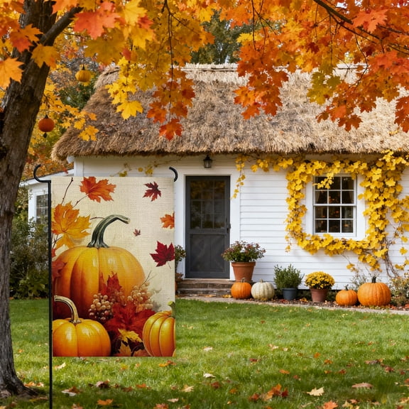 Loyerfyivos Fall Pumpkin Garden Flag, Orange and White Pumpkins with Sunflowers Home Decor Banner, Double Sided Burlap Yard Flag Autumn Outdoor Decoration 12x18 Inch