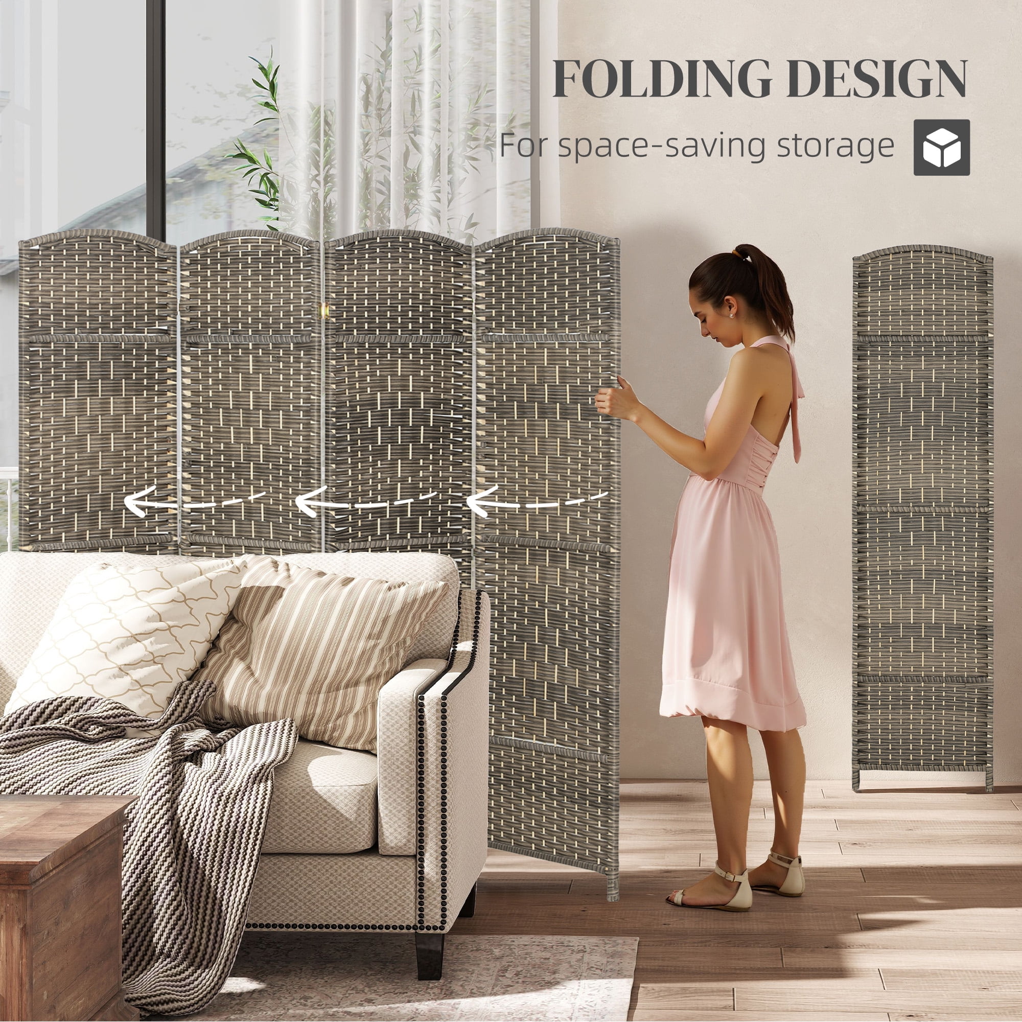 HOMCOM 4 Panel Room Divider, 6' Tall Folding Privacy Screen, Woven Freestanding Wood Partition for Home Office, Bedroom, Dark Rustic Oak