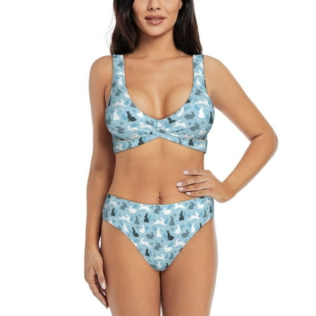 Zeuib Black White Gray Rabbit High Waisted Tummy Control Bikini Set - Knot Front Push Up Top & Cheeky Thong Bottom  Two-Piece Swimsuit for Women-Large