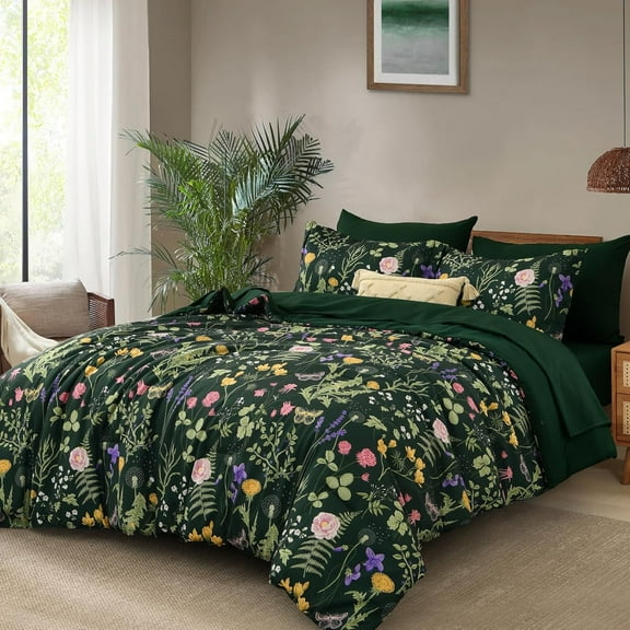 Queen Comforter Set 7 Piece, Dark Green Floral Bedding Set, Bed in a Bag Queen with Botanical Flowers Patterns