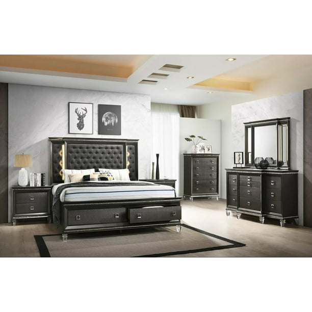 Milas 5 Pieces king Size Bedroom Set With Tufted Headboard and LED 