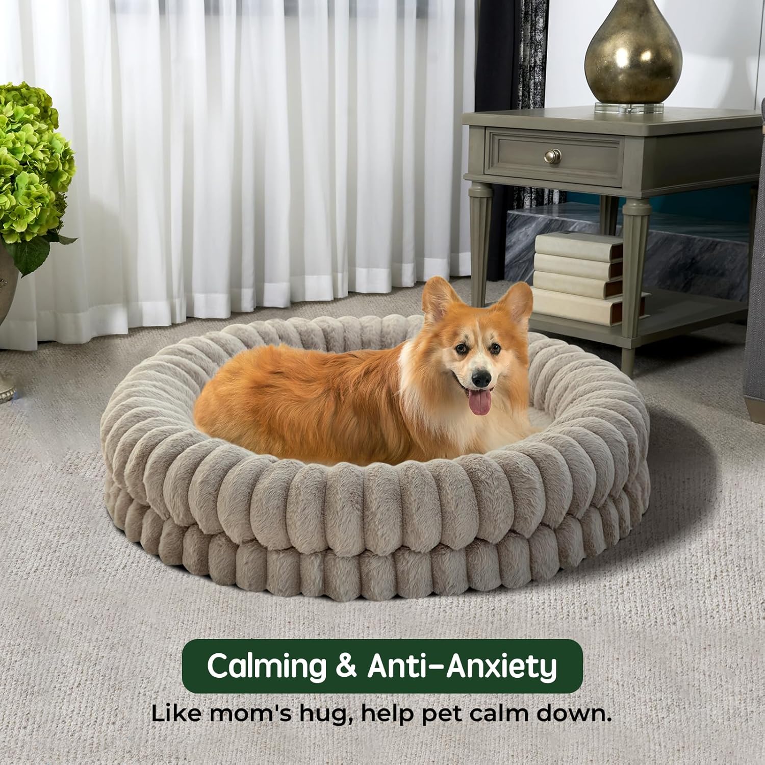 Luxury Donut Dog Bed, 36 Inches Round Dog Beds Large Sized Dogs Washable, Orthopedic Calming Dogs Bed for Pets with Anti-Slip Bottom, Oatmeal