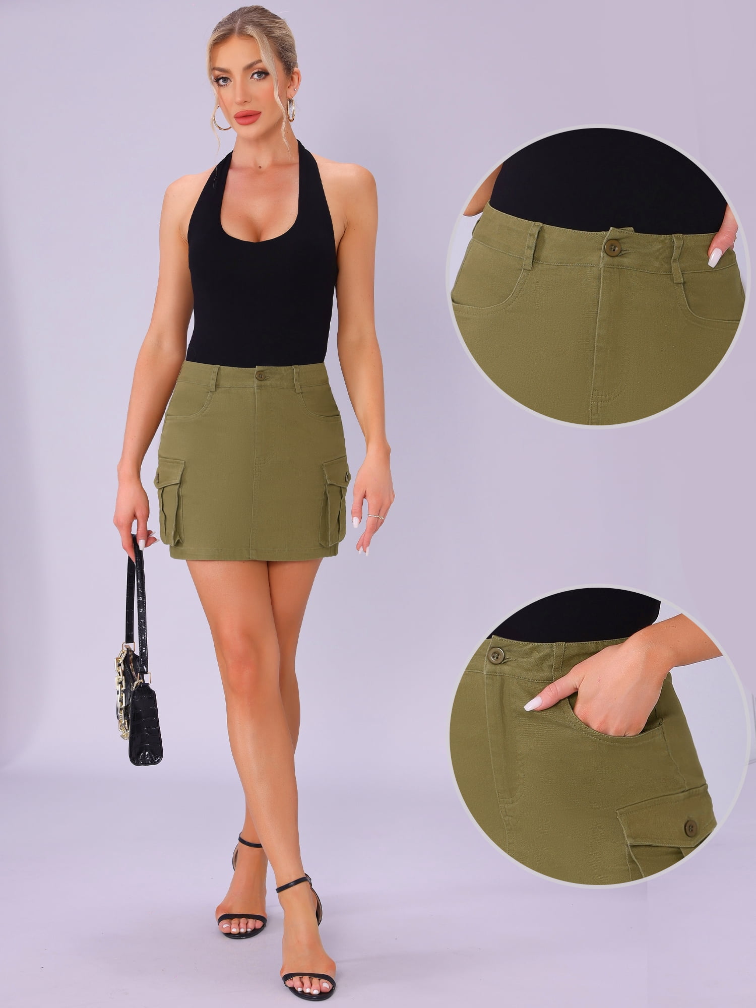 DARING DIVA Women's Casual Y2K Cotton Cargo Mini Skirts M Army Green