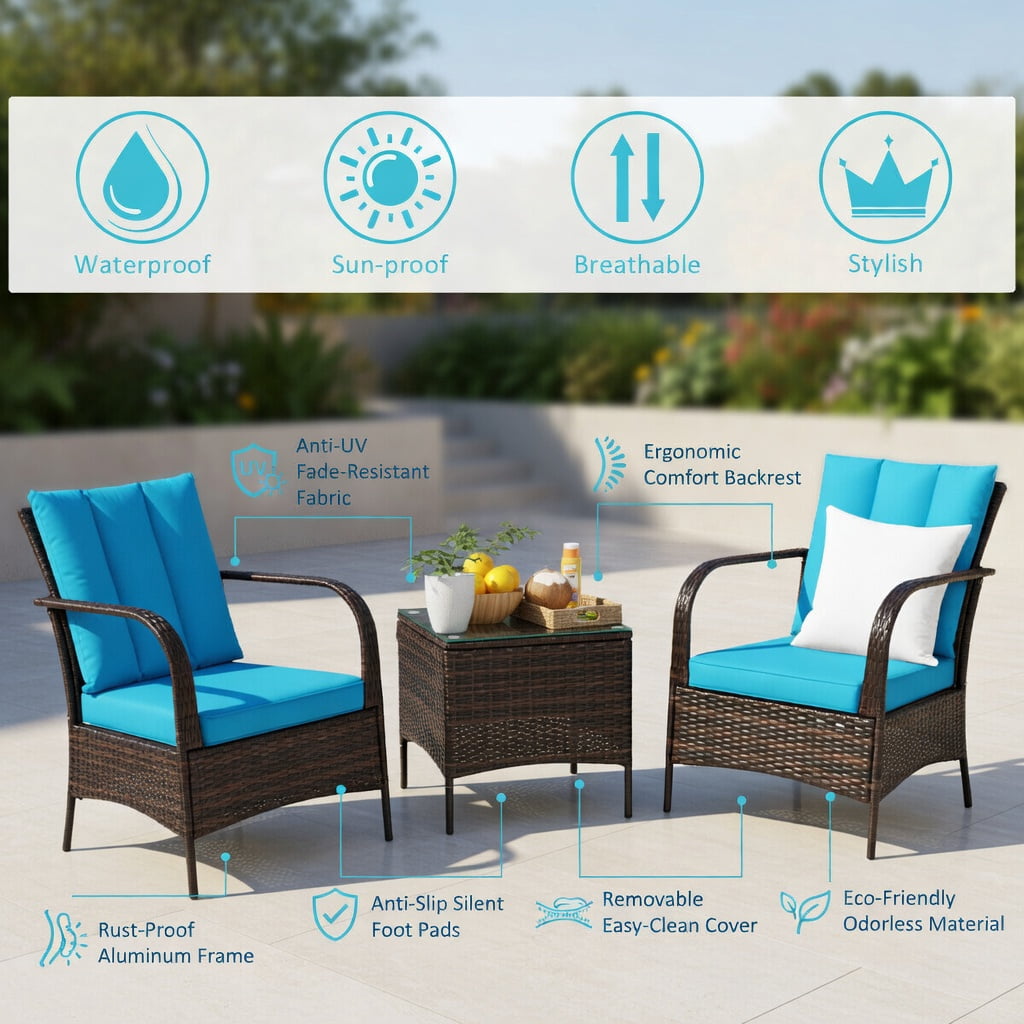 Hommoo 3-Piece Outdoor Rattan Patio Furniture Set with Tempered Glass Coffee Table & Cushions, Weather-Resistant Wicker Seating for Backyard, Garden, or Patio, Turquoise