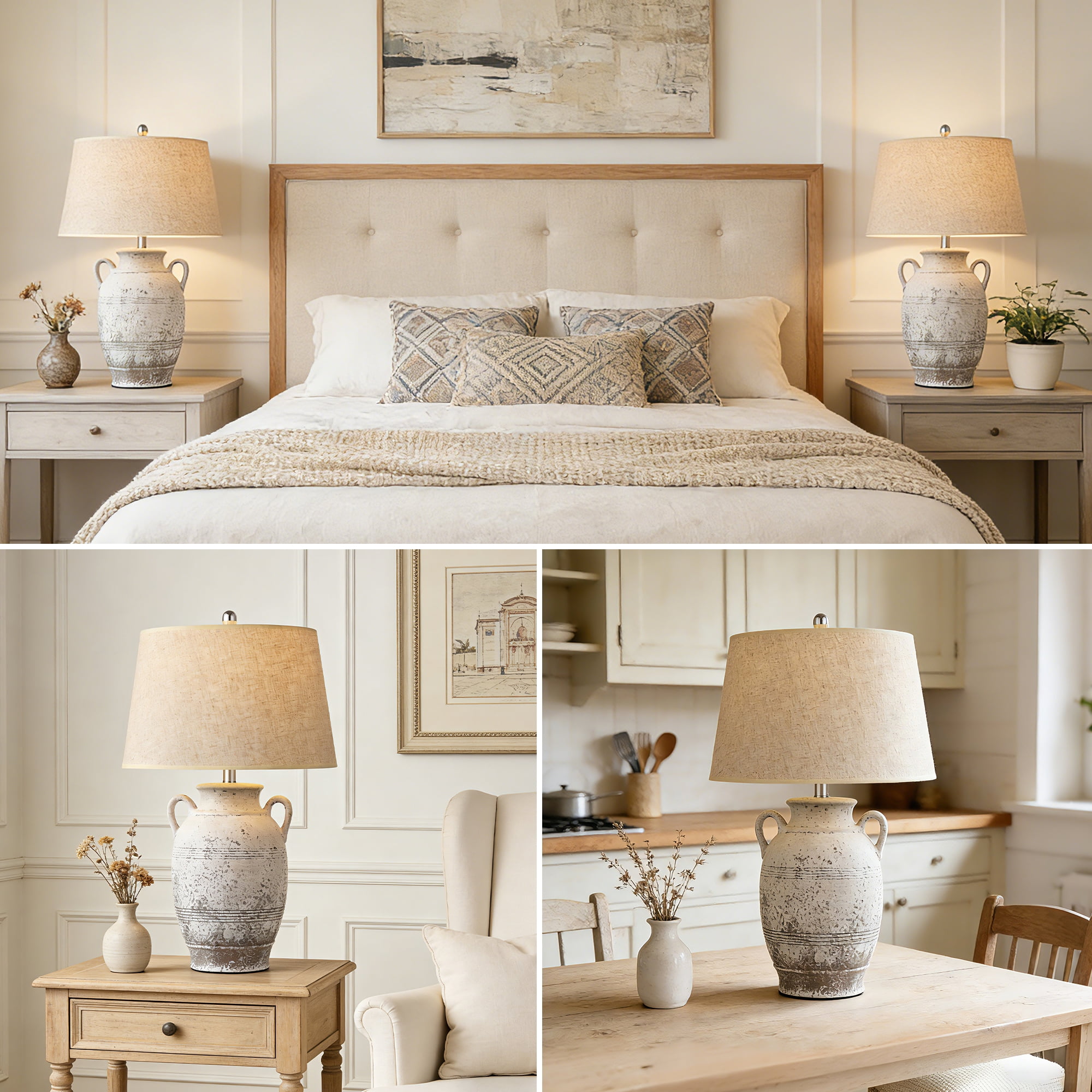 26in Farmhouse Ceramic Table Lamp, 3-Way Dimmable Bulb Included, Rustic Bedside Light for Bedroom Living Room